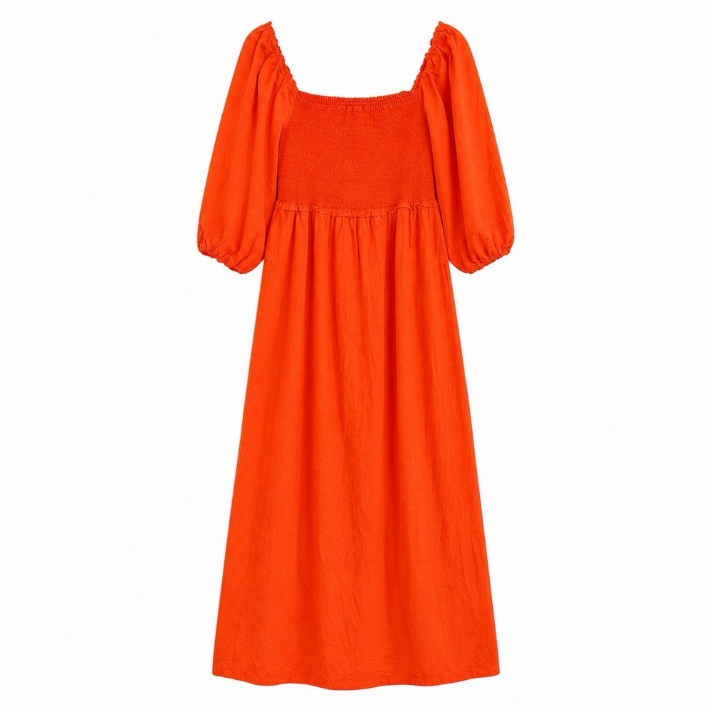 Free Assembly L 100% Organic Cotton Smocked Orange Maxi Dress Slits Pockets